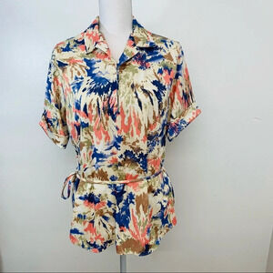 Vintage Blouse Top Large Pastel Watercolor Short Sleeve Pop Over Waist Tie USA